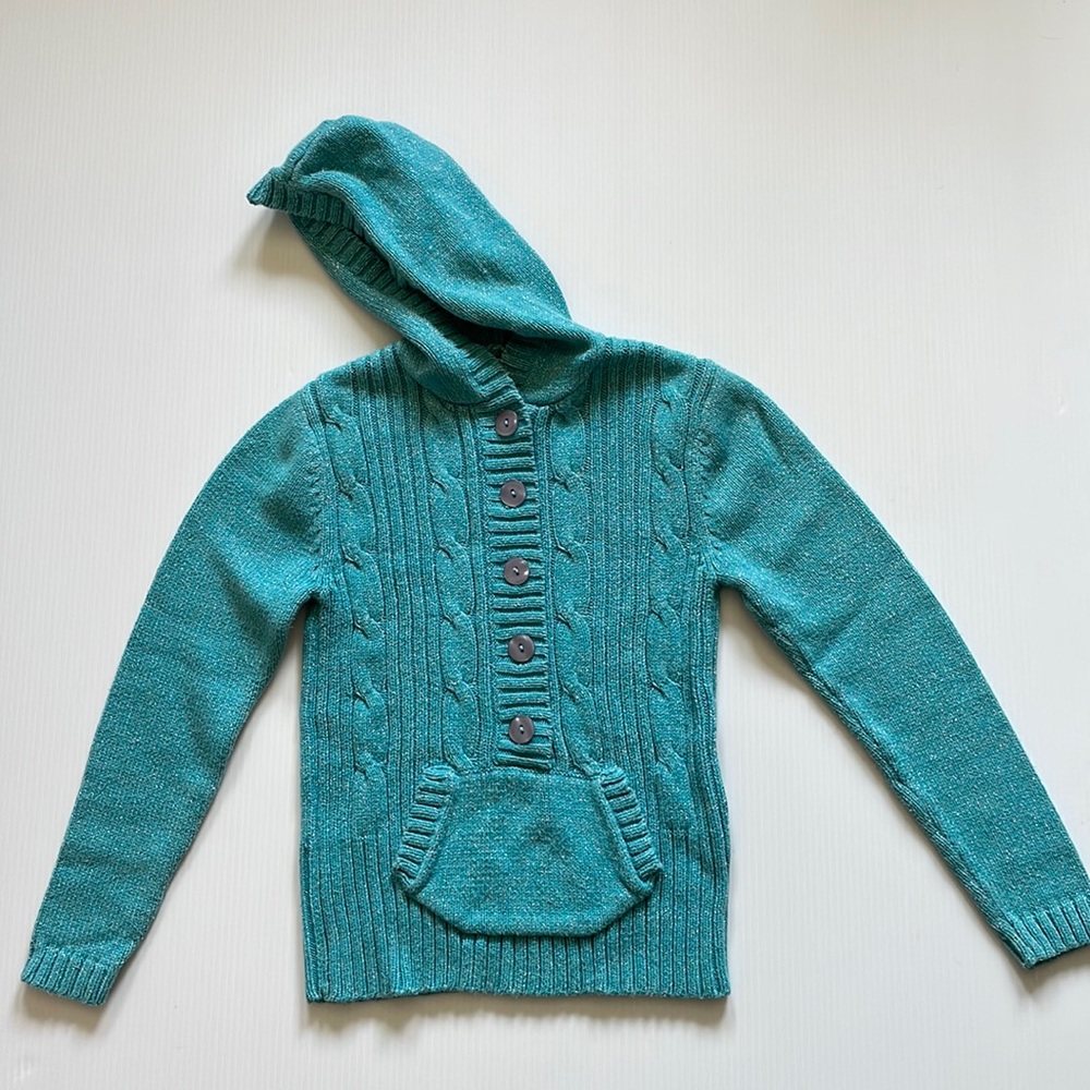 SO long sleeve hooded turquoise & silver cable knit sweater.  Girls size small